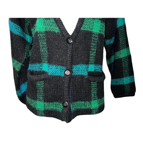 Vintage TJW By Mervyns Black & Green Plaid Knit Cardigan Sweater Size Large Pock - Picture 5 of 16